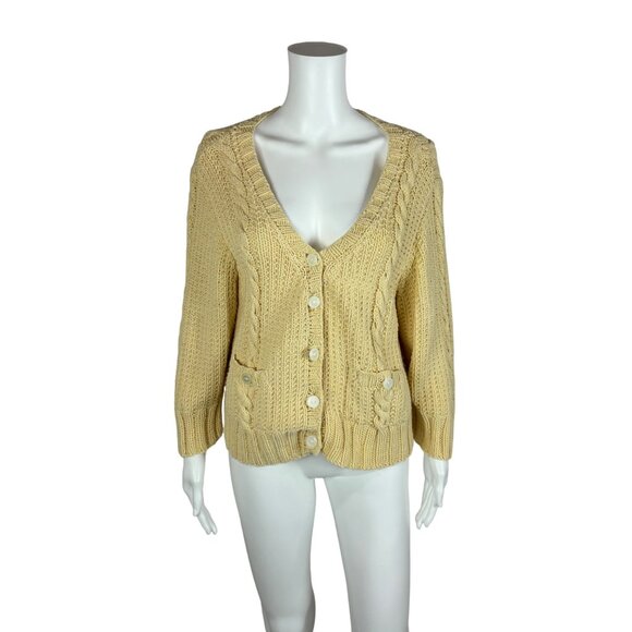 Vintage Knit Cardigan Women's Large Cable Knit Grandma Sweater Pockets